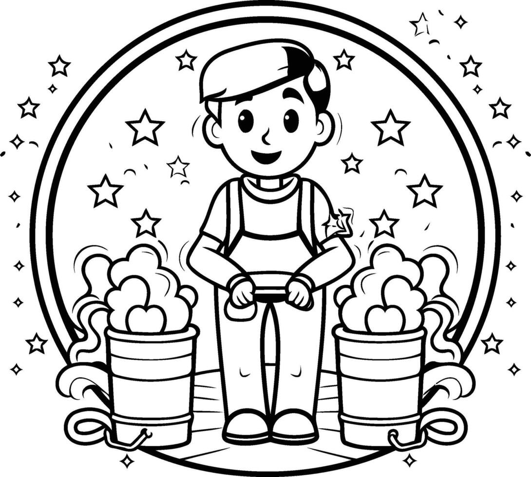 A man with a bucket of apples coloring page vector