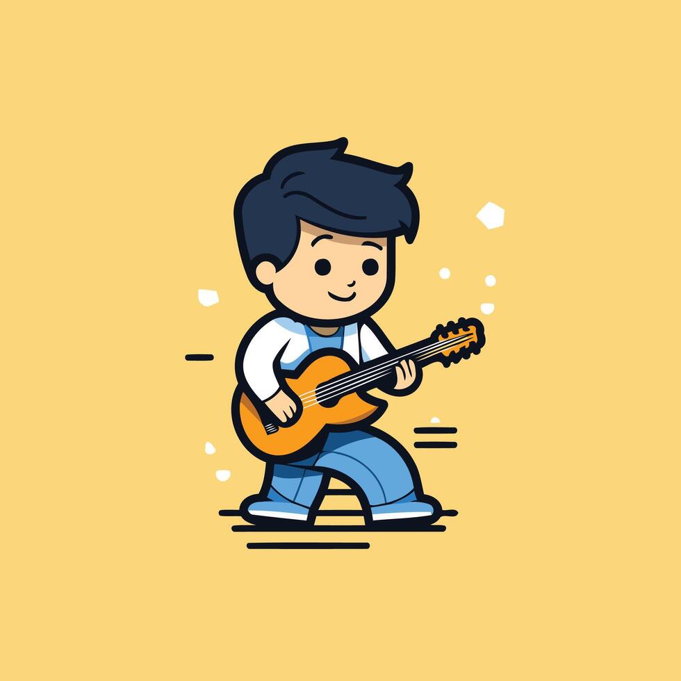 A cartoon boy playing guitar on a yellow background vector
