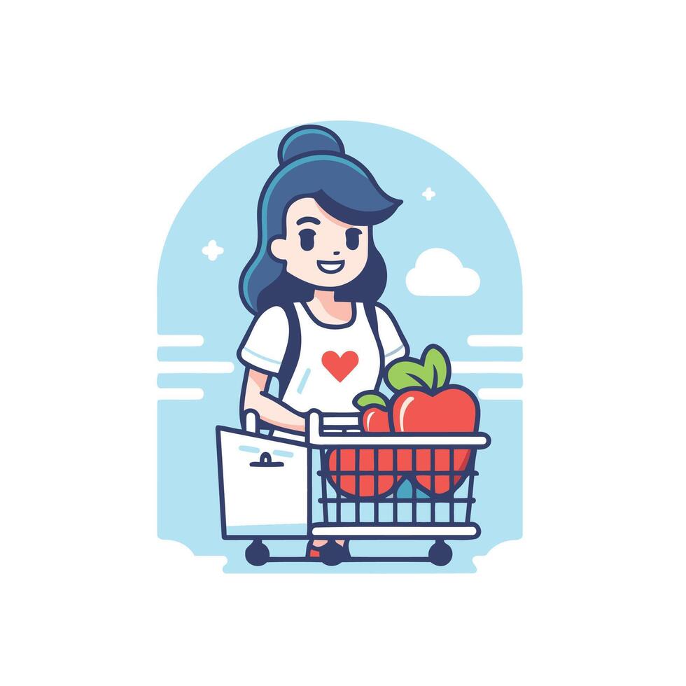 A woman is holding a shopping cart with apples vector