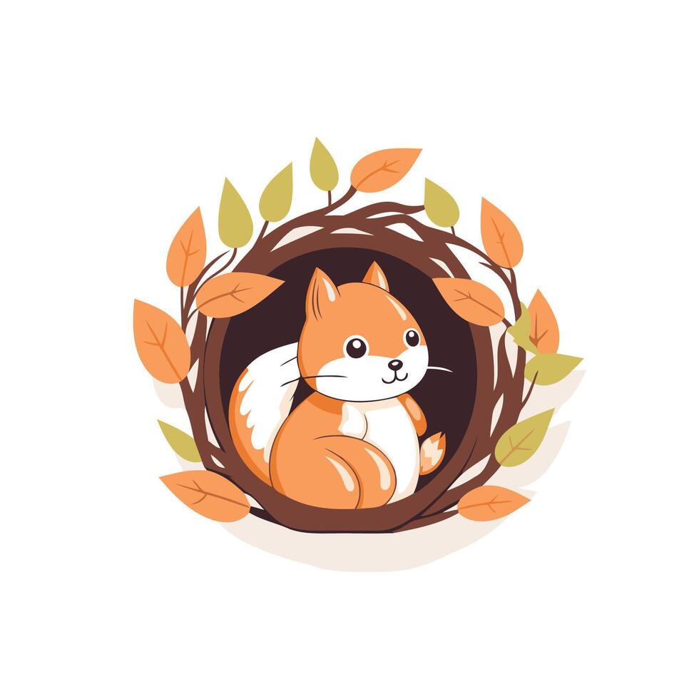 A cartoon squirrel sitting in a nest with leaves vector
