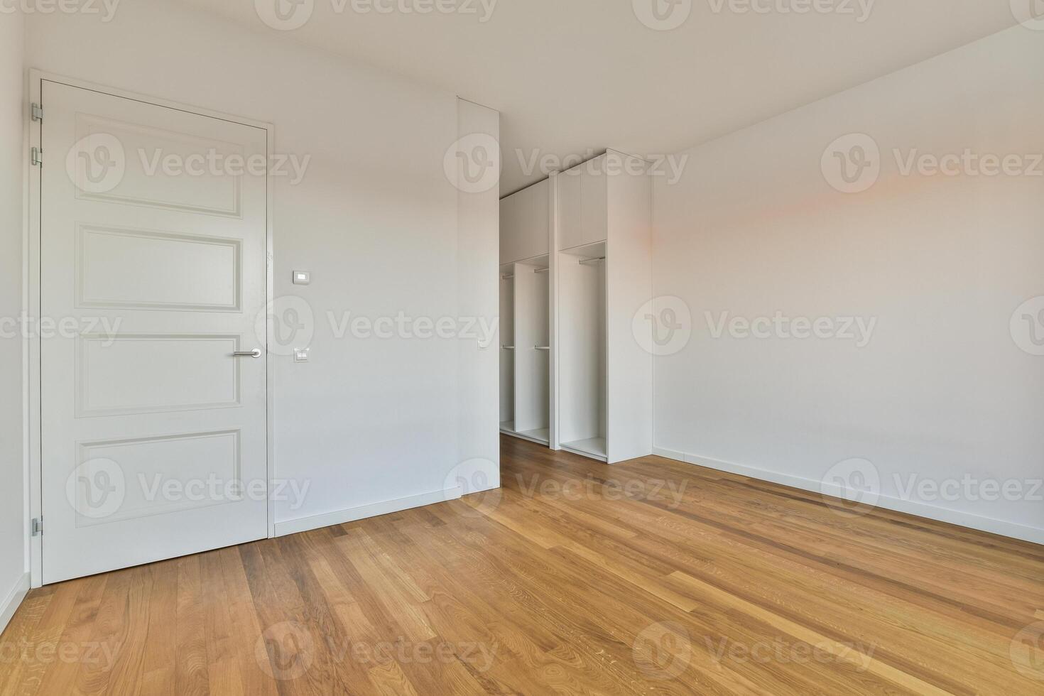 Empty room with wooden floor and white walls photo