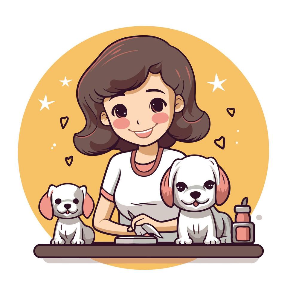 A woman is sitting at a table with two dogs vector