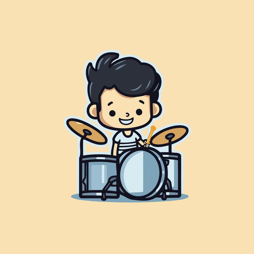 A cartoon drummer playing drums on a yellow background vector