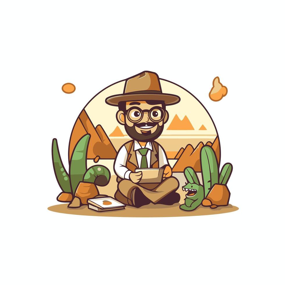 A man in a hat and glasses sitting in front of a cactus vector