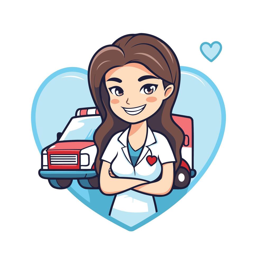 A cartoon female paramedic with a heart shaped background vector