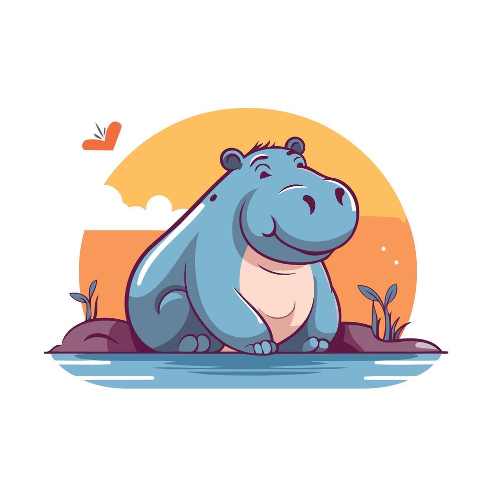 A cartoon hippo sitting on the water with a sun in the background vector