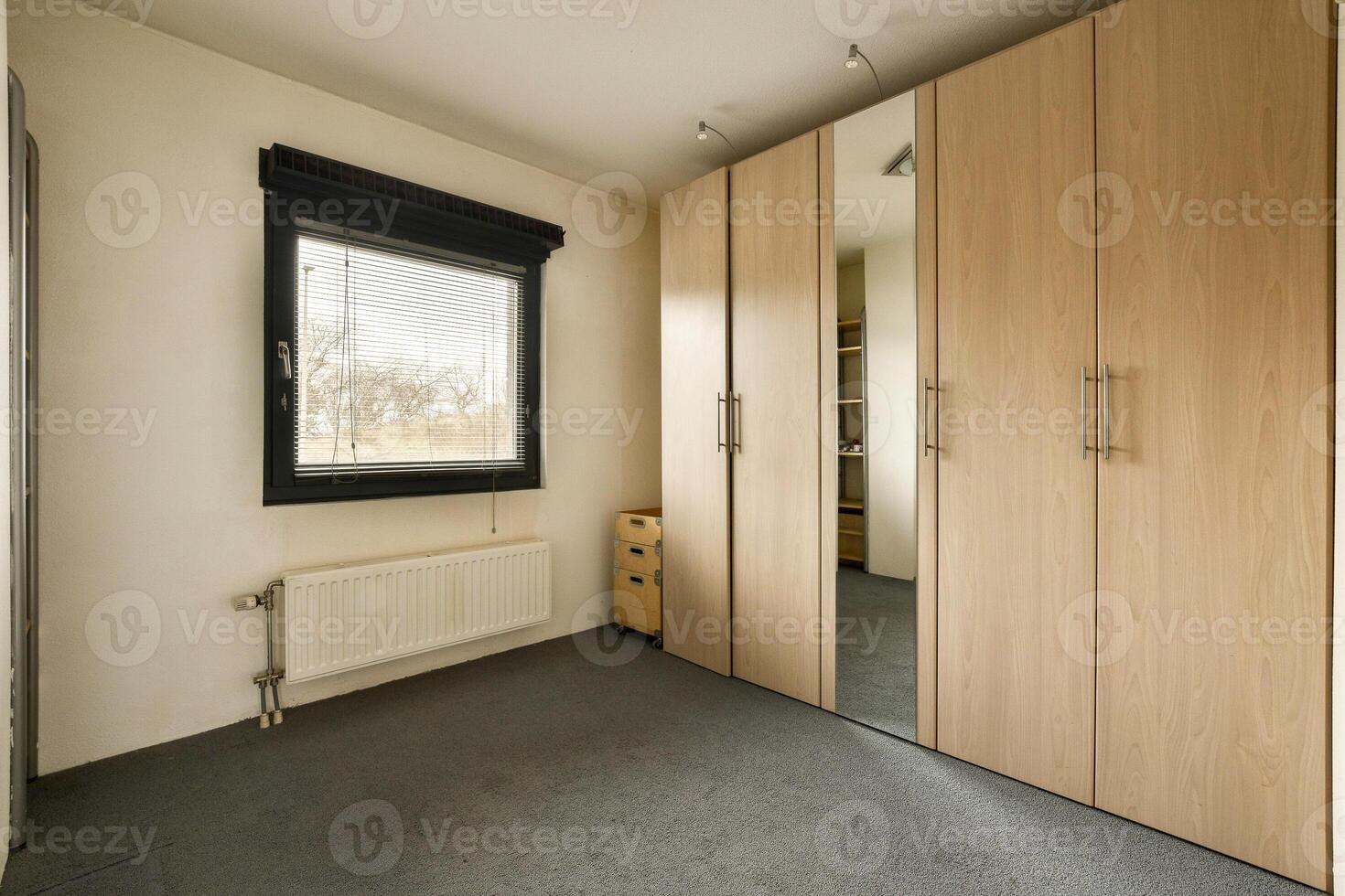 A bedroom with a large closet and a window photo