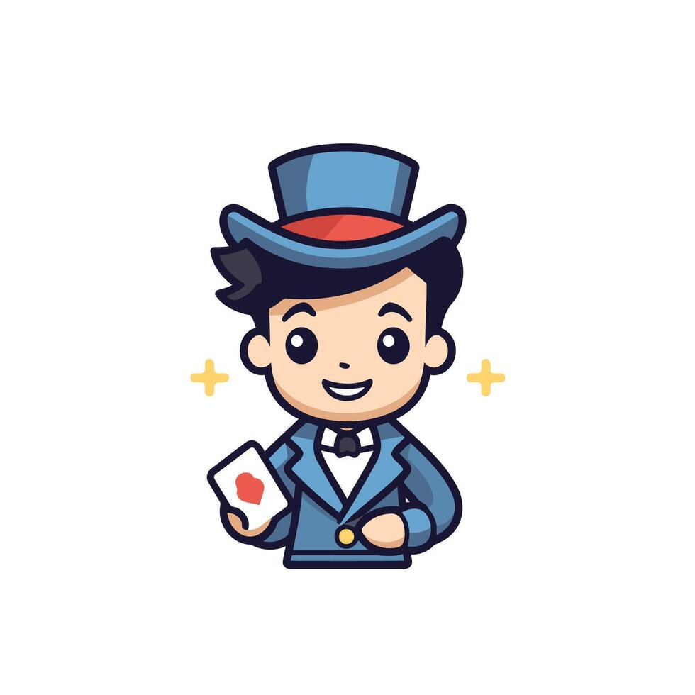 A cartoon magician with a top hat and a card vector