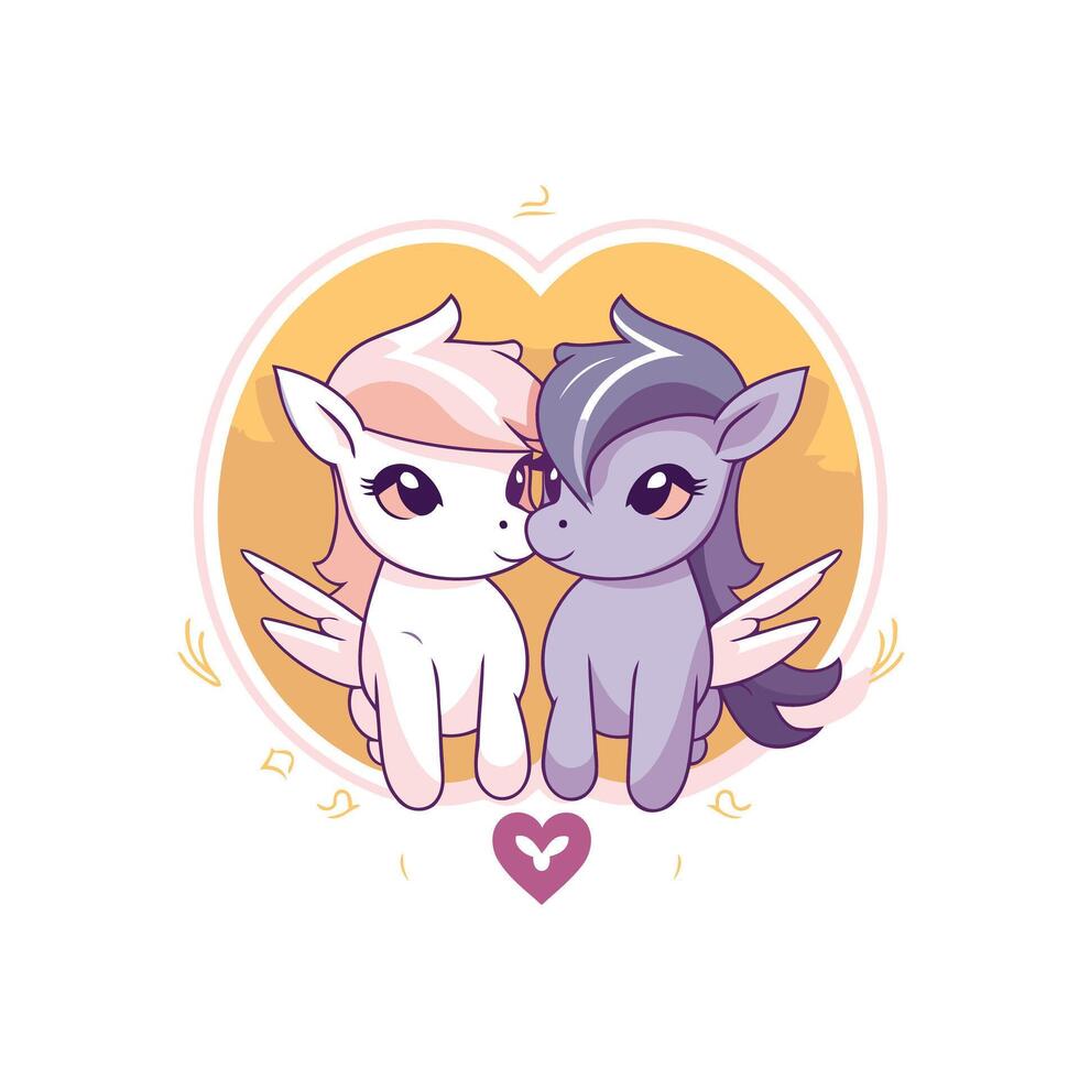 Two ponies are kissing in a heart shaped frame vector
