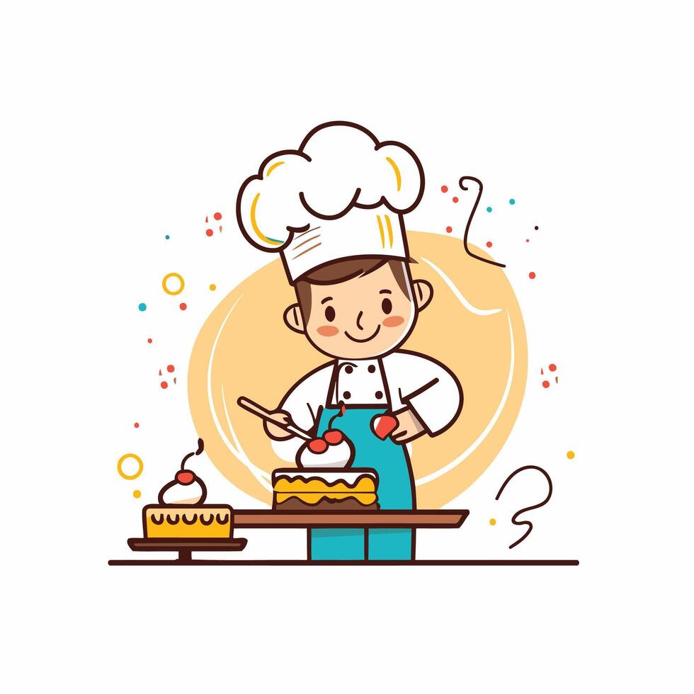 A cartoon chef is cutting a cake vector
