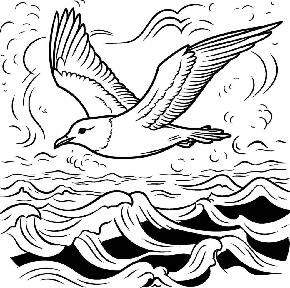 Seagull flying over the ocean coloring page vector