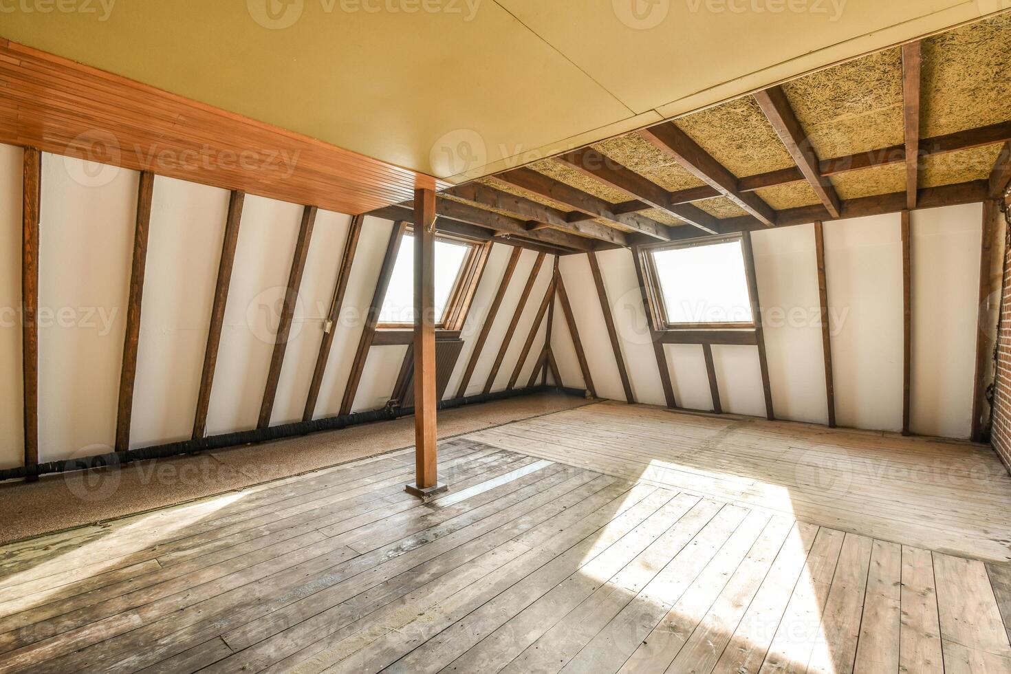 An empty attic with wood floors and a skylight photo