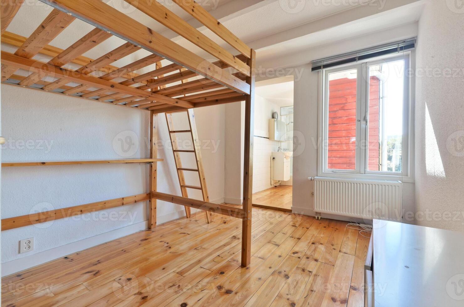 A room with a bunk bed and a ladder photo