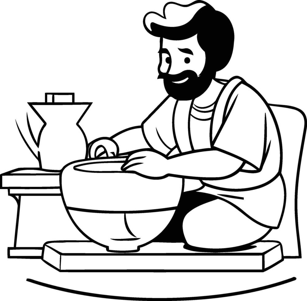 A man is making a bowl in the kitchen coloring page vector