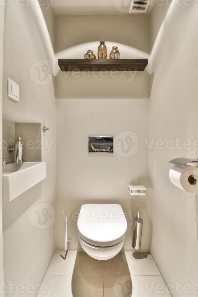 A bathroom with a toilet and a shelf above it photo