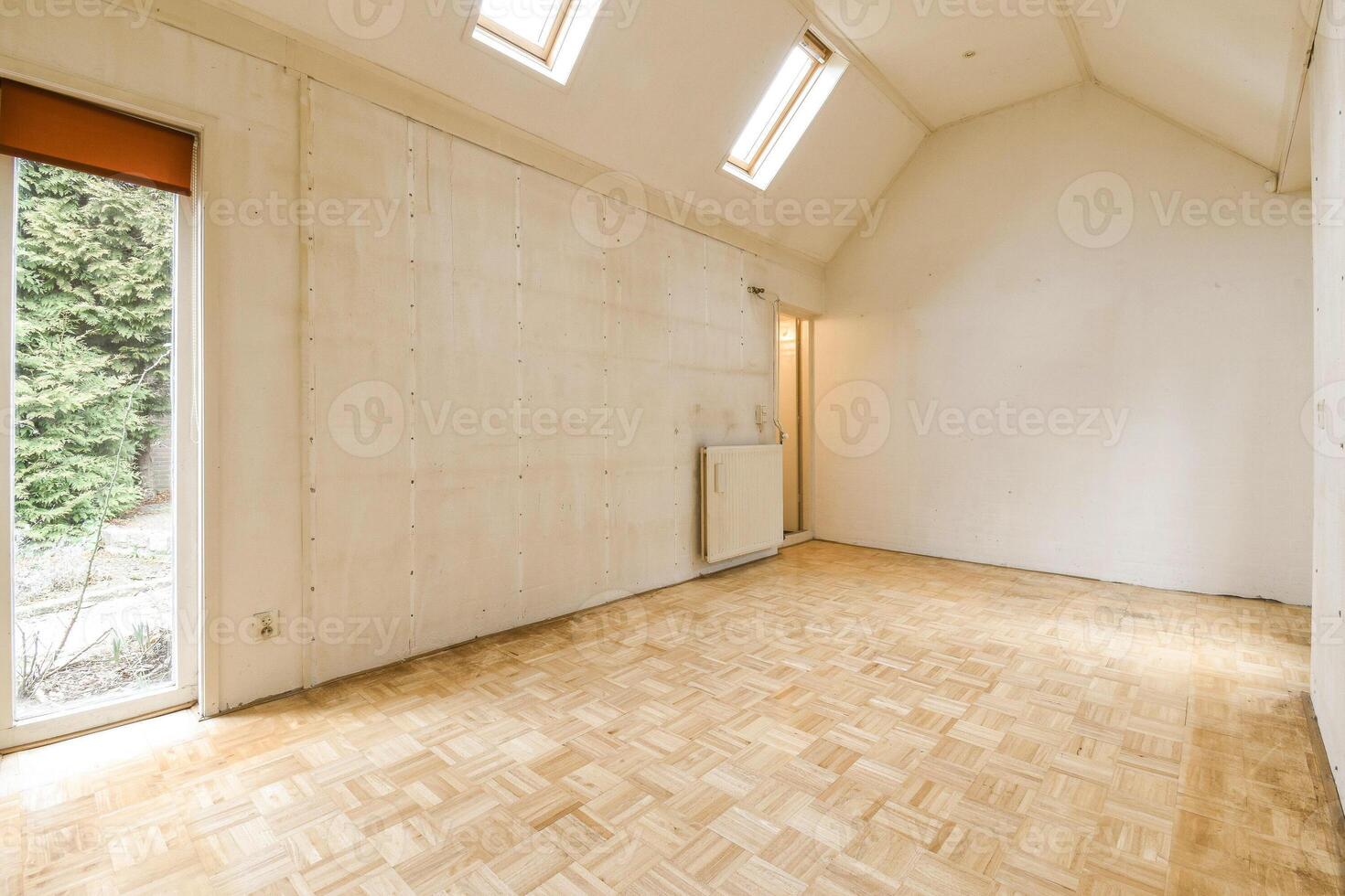 An empty room with wood floors and a skylight photo