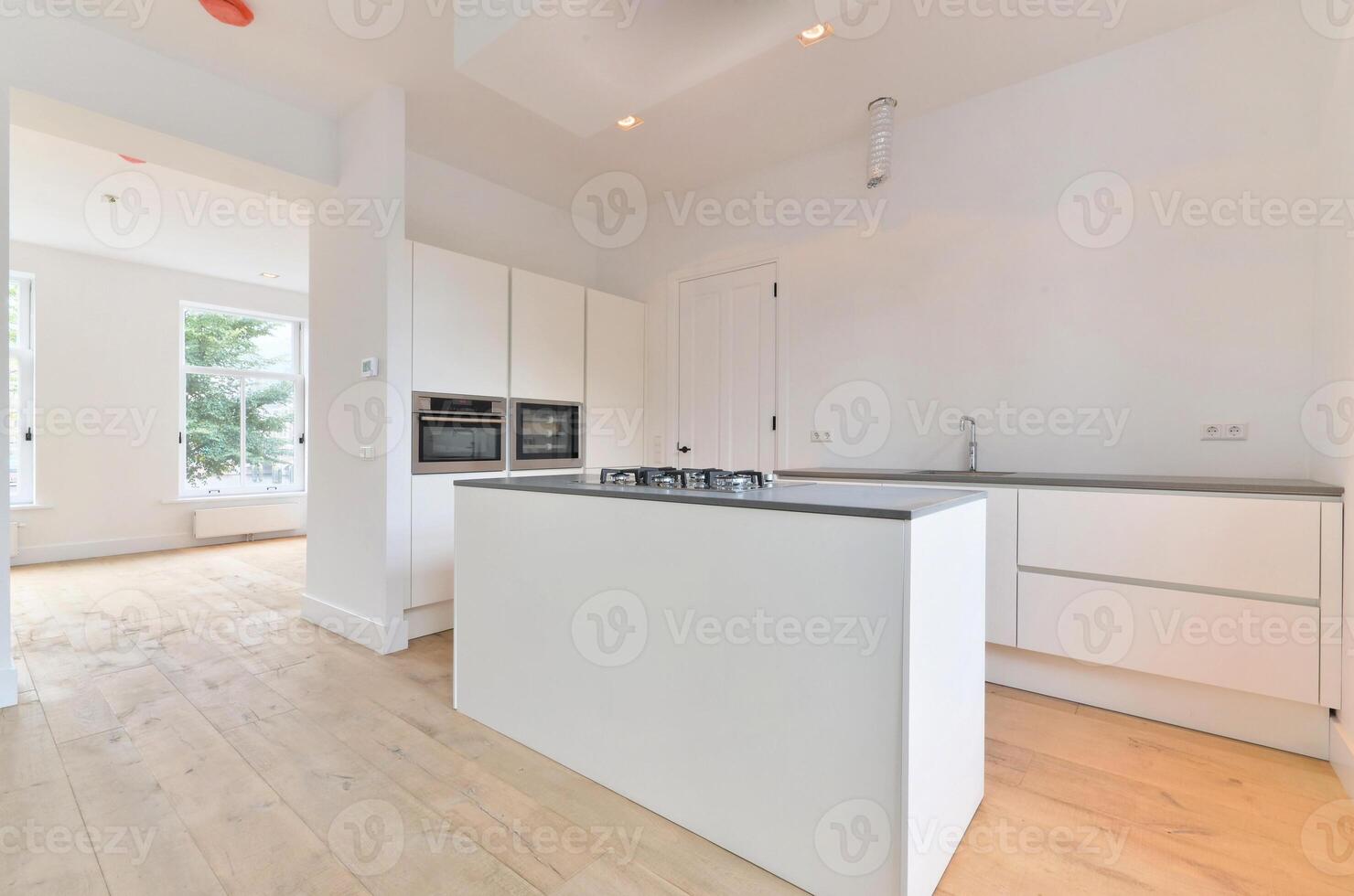 A kitchen with white cabinets and wooden floors photo