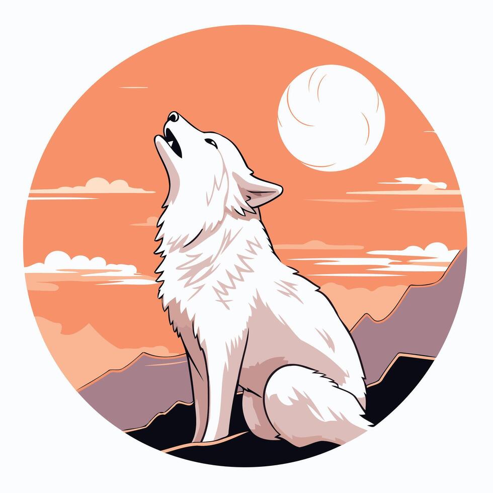 A white wolf howling at the moon in a circle vector