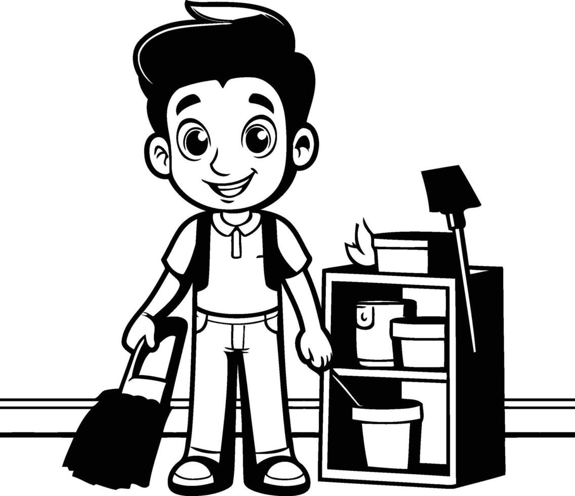 A boy with a broom and a vacuum cleaner coloring page vector