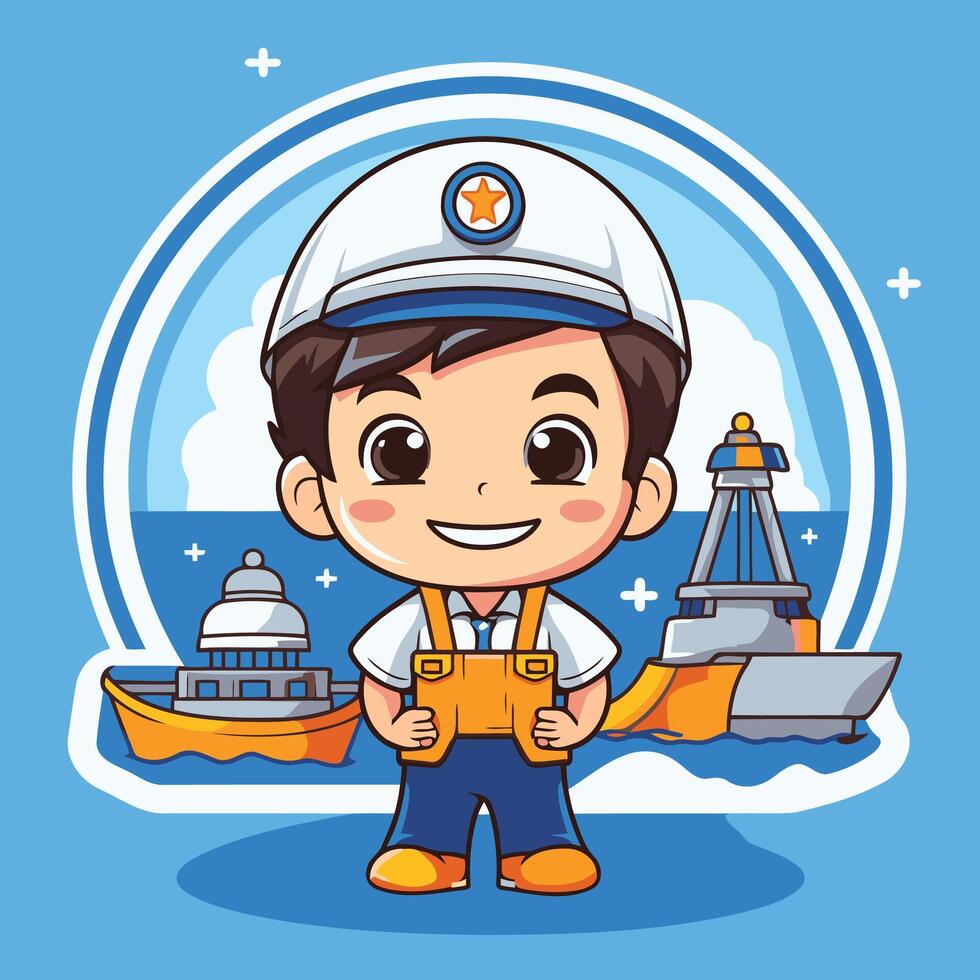Cartoon sailor boy with a ship and a lighthouse vector