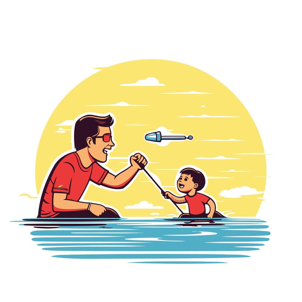 A man and his son fishing in the water vector