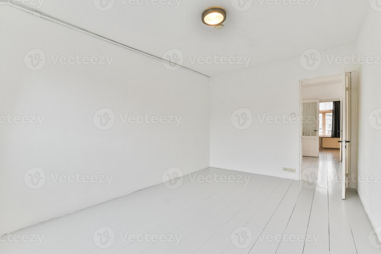 An empty room with white walls and wooden floors photo