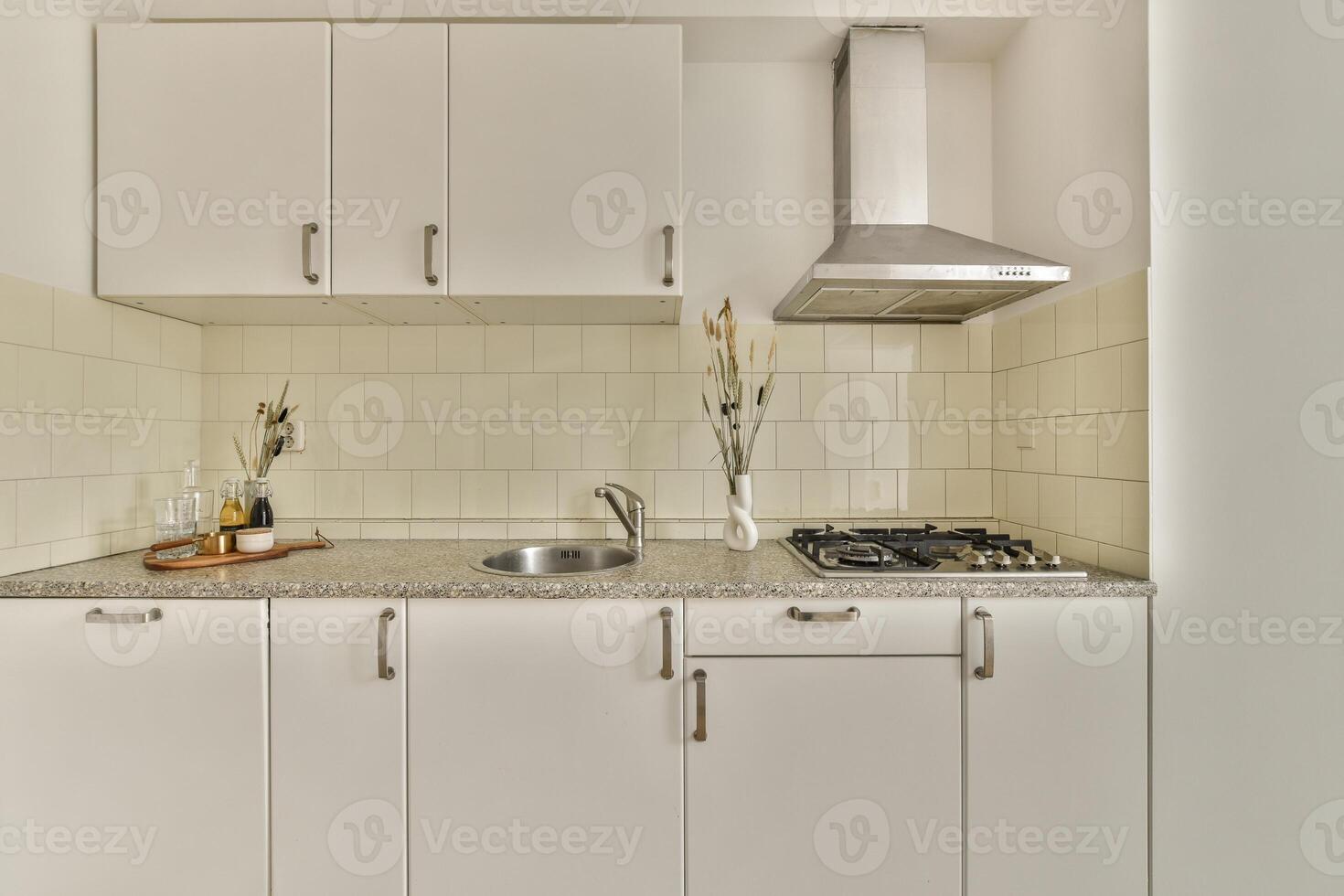 A kitchen with white cabinets and a sink photo