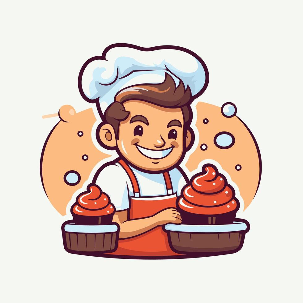 A cartoon chef holding a cake with frosting vector