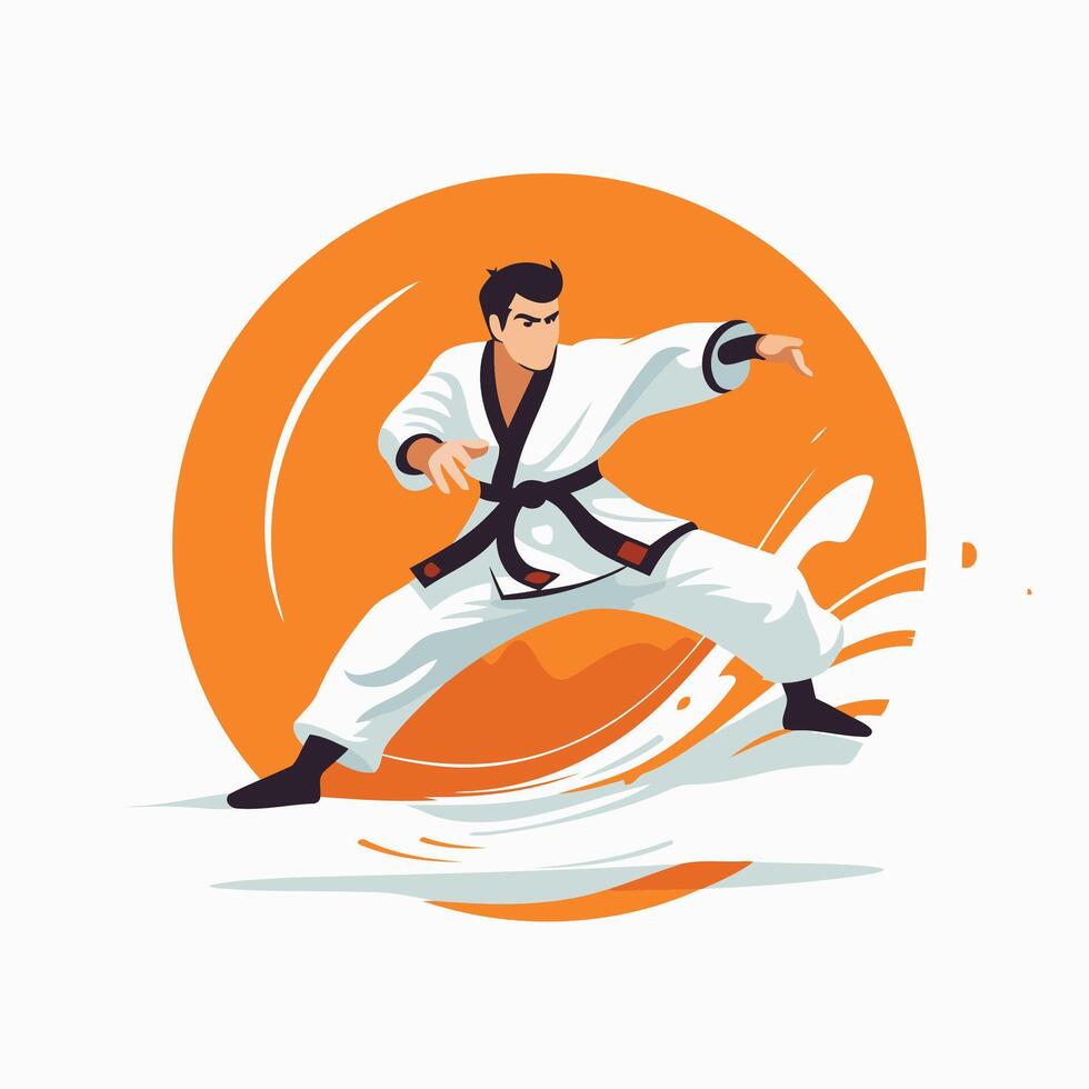 Karate man in black karate uniform, orange background, karate kick vector