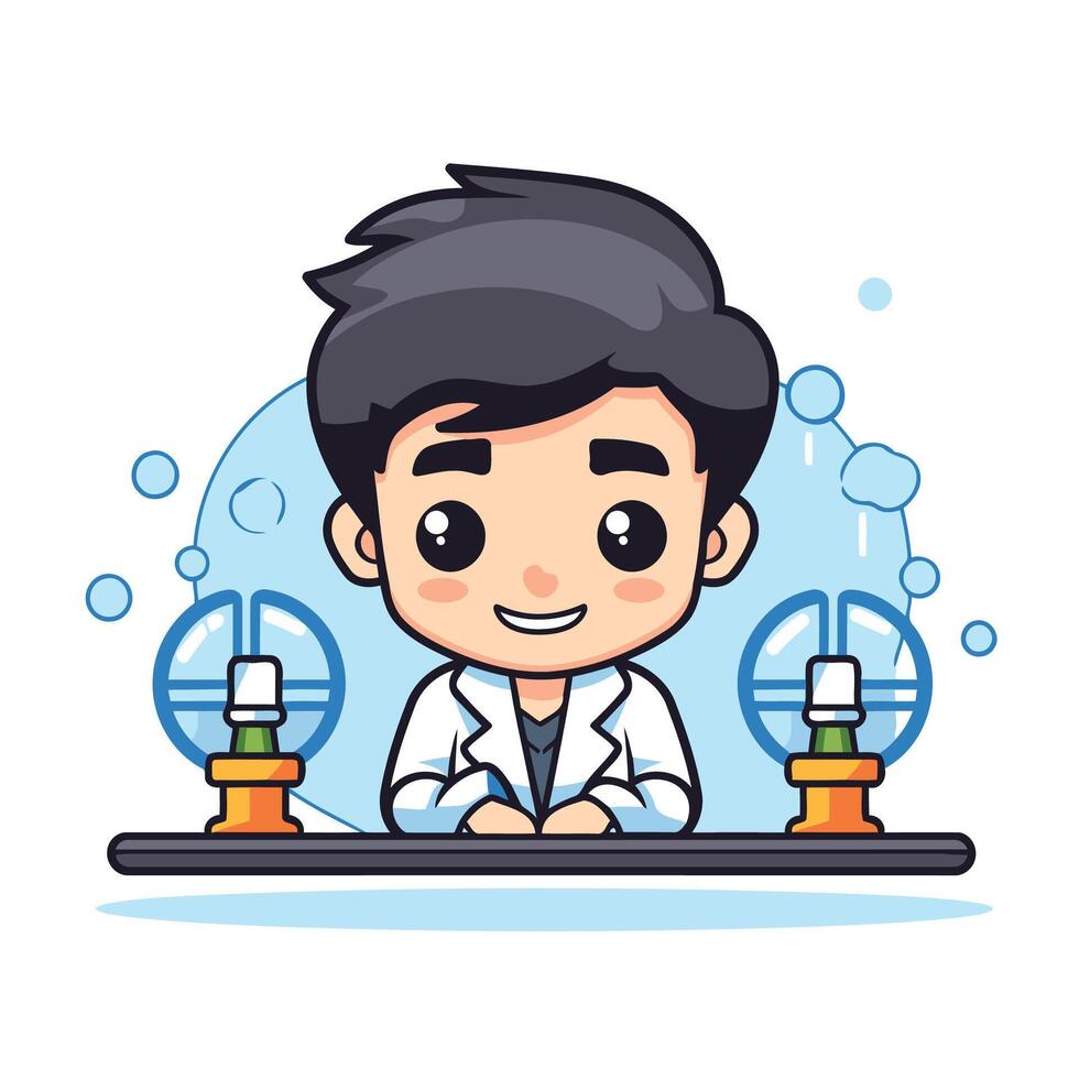 A cartoon scientist sitting at a table with two test tubes vector