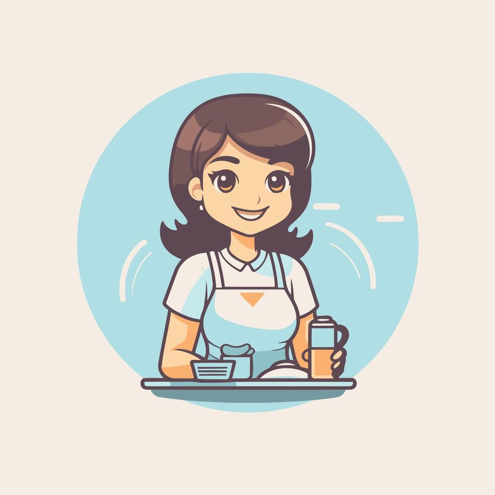 A cartoon woman in an apron holding a cup of coffee vector