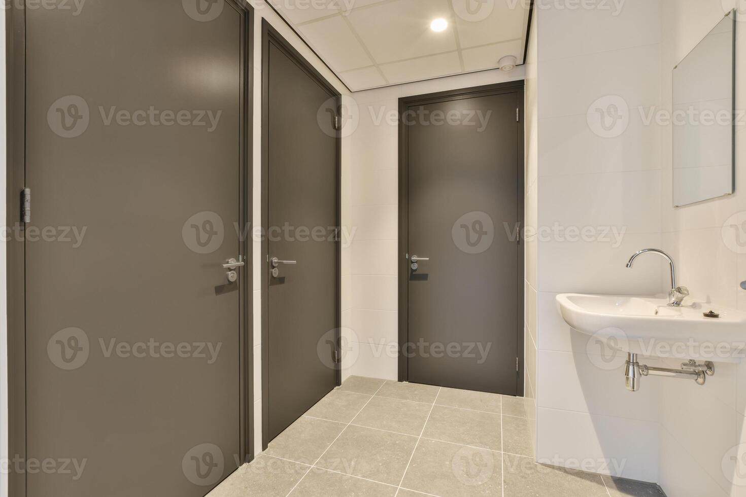 A bathroom with a sink and two doors photo