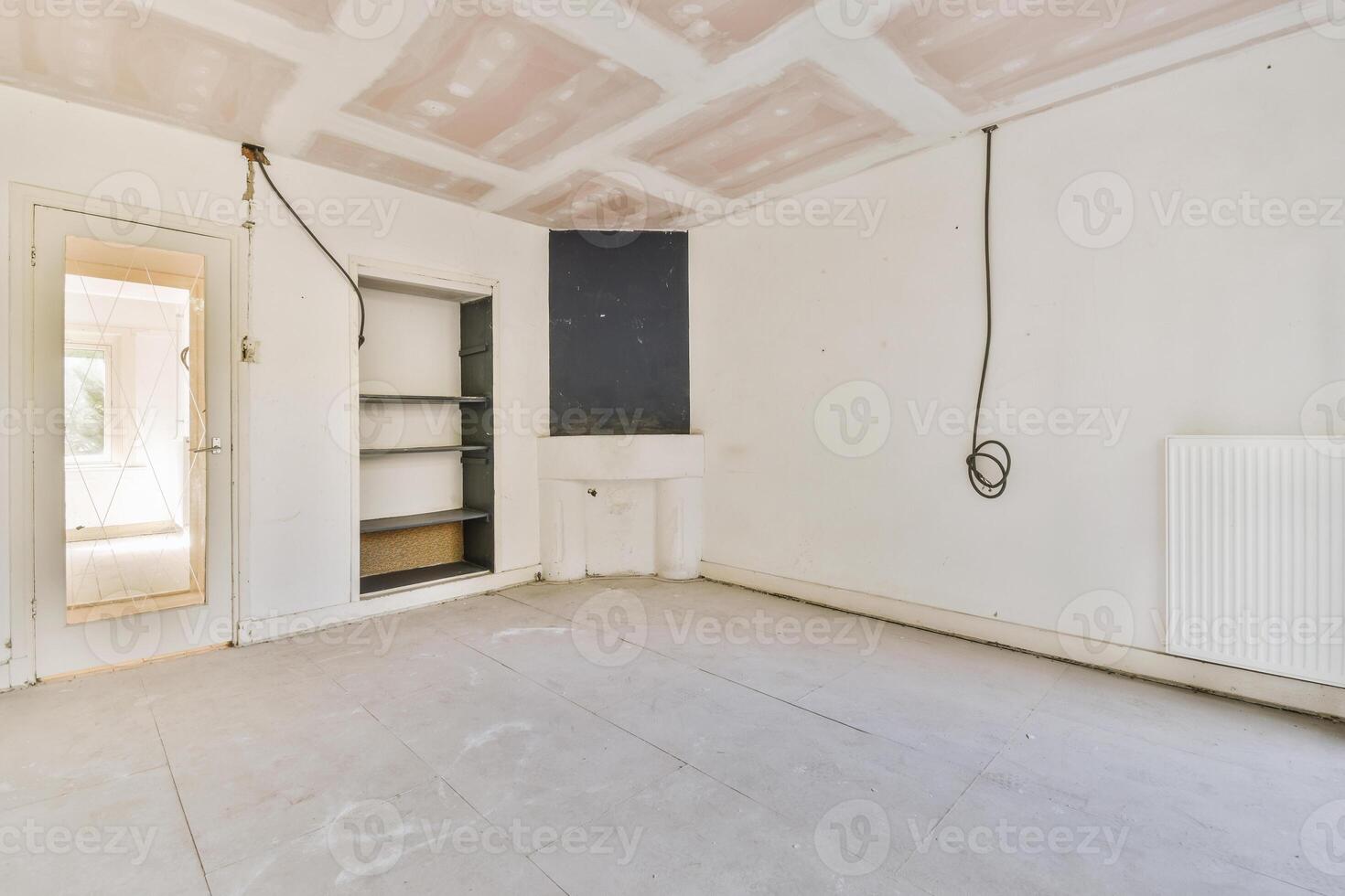 An empty room with a ceiling and a door photo