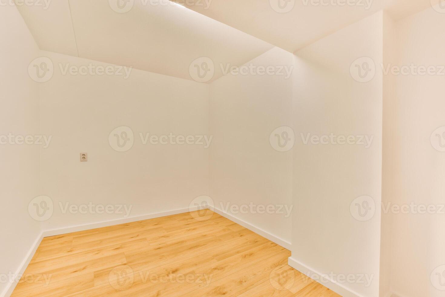 An empty room with a hardwood floor and white walls photo