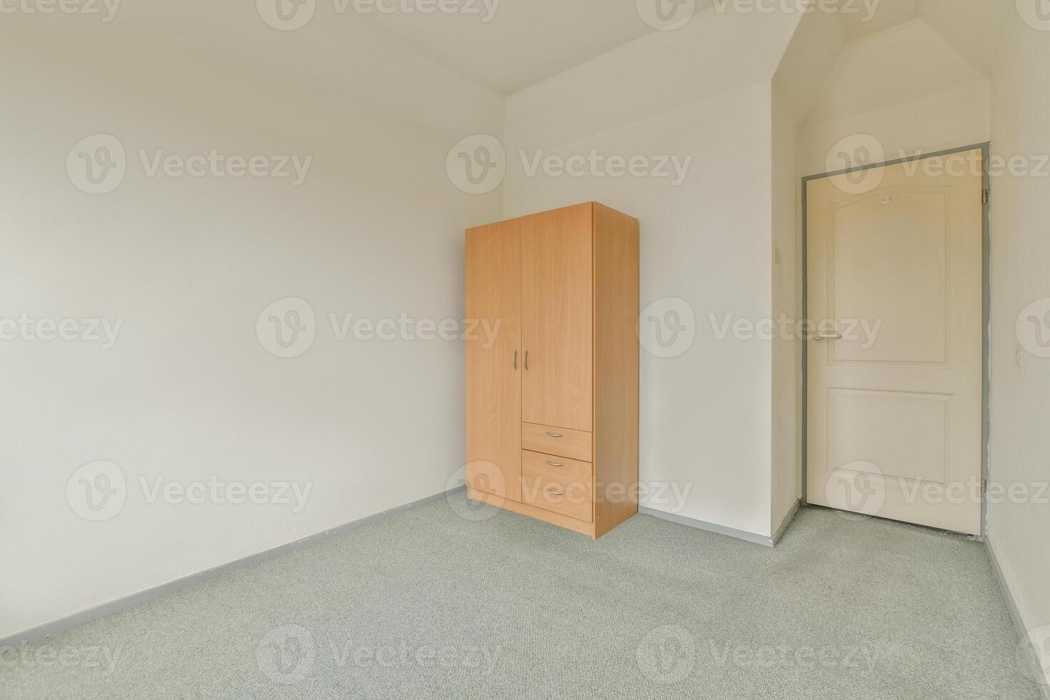 An empty room with a wooden cabinet and a door photo
