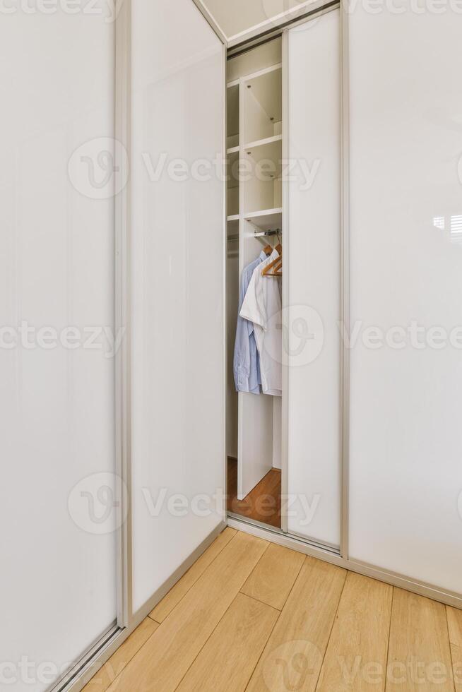 A closet with a white door and wooden floor photo