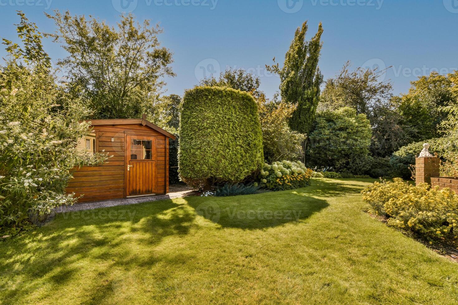 A small shed in the middle of a lush green yard photo