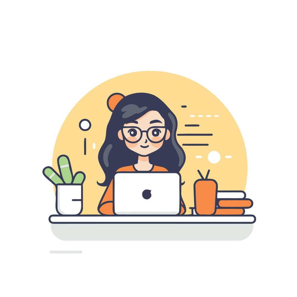 A woman with glasses sitting at a desk with a laptop vector
