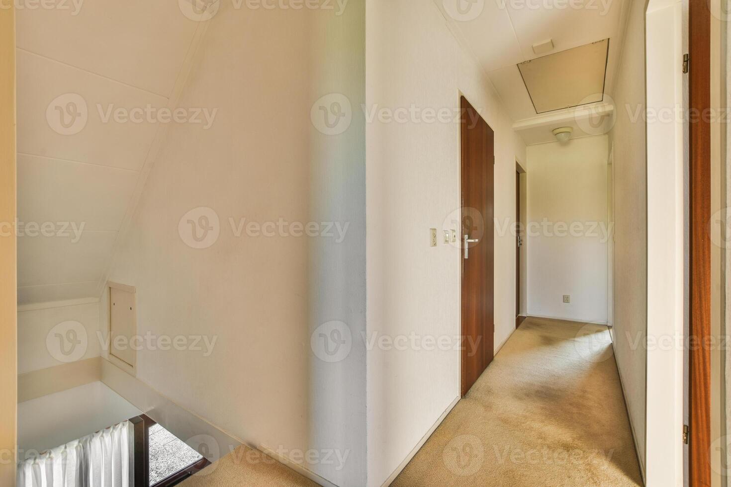 A hallway with two doors and a carpeted floor photo