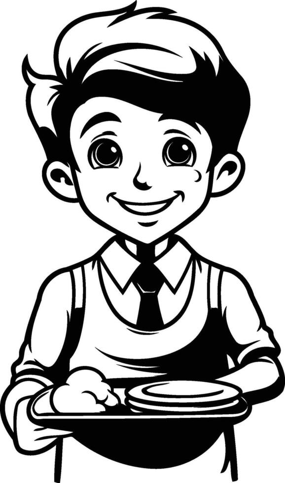A black and white cartoon of a waiter holding a tray vector