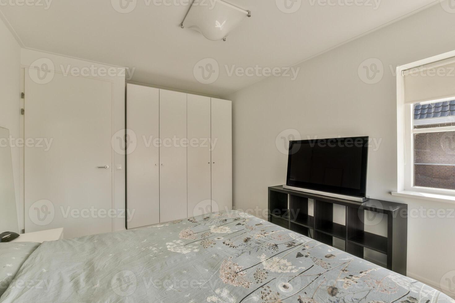 A bedroom with a bed, a tv, and a closet photo