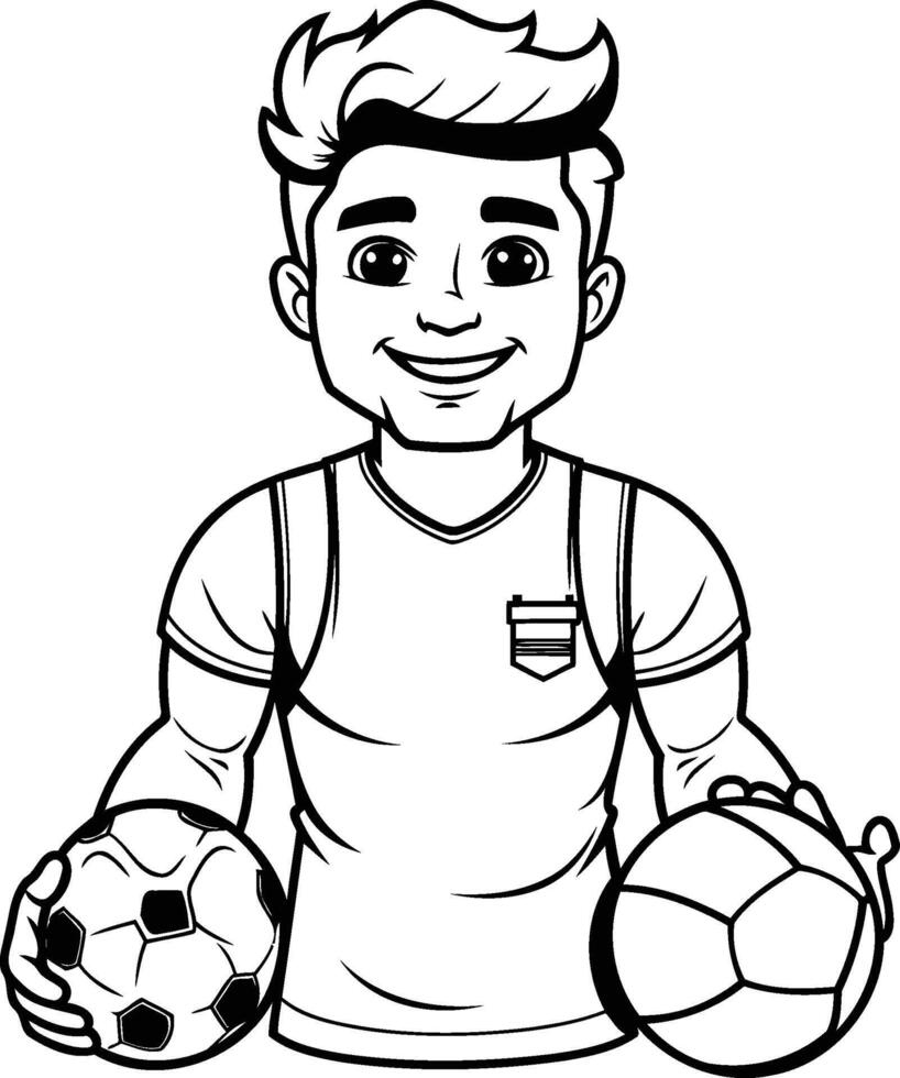 A soccer player holding a ball and a soccer ball coloring page vector