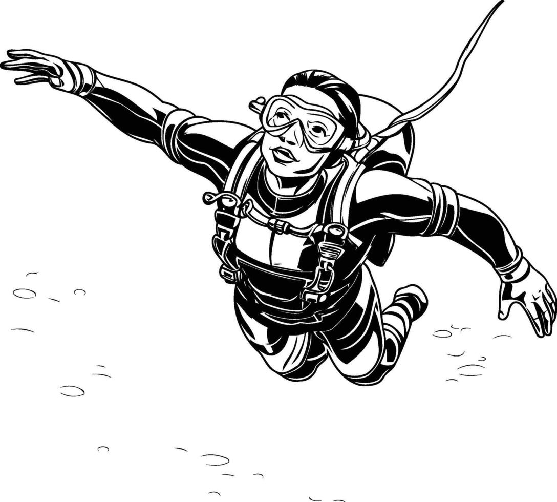 A black and white drawing of a scuba diver vector