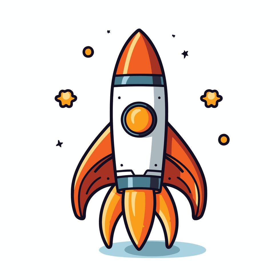 Cartoon rocket ship with orange and white stripes vector
