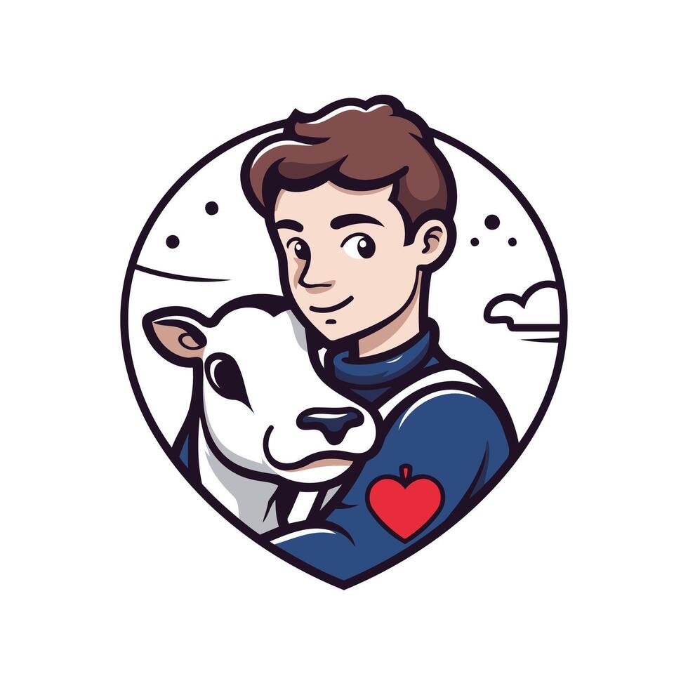 A man holding a cow in his arms vector