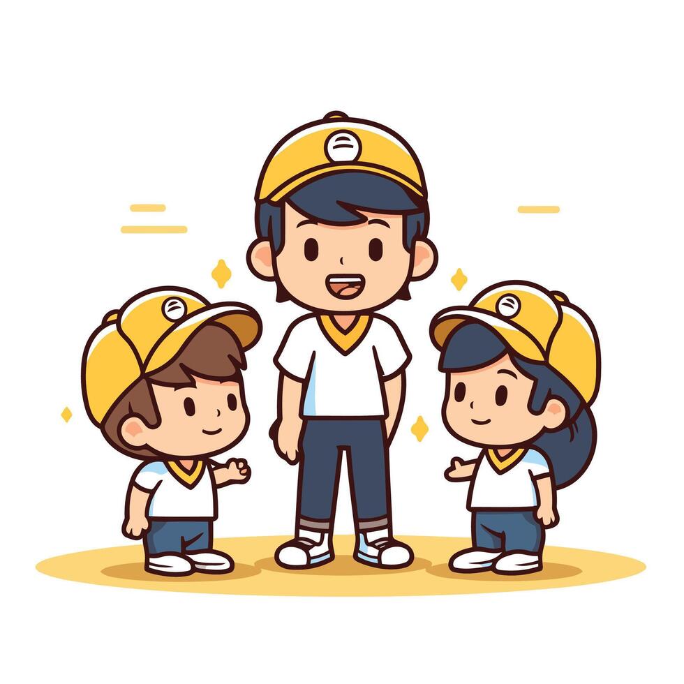 Three people in yellow caps and white shirts vector