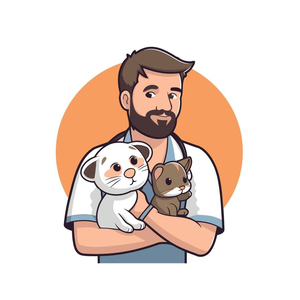 A man holding two dogs and a cat vector