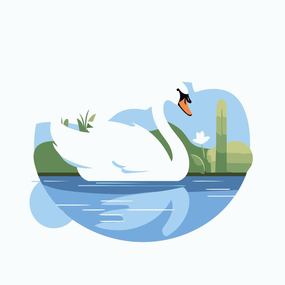 A white swan swimming in the water with a cactus in the background vector