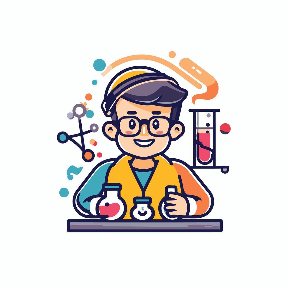 A man in glasses and a lab coat is holding a flask vector