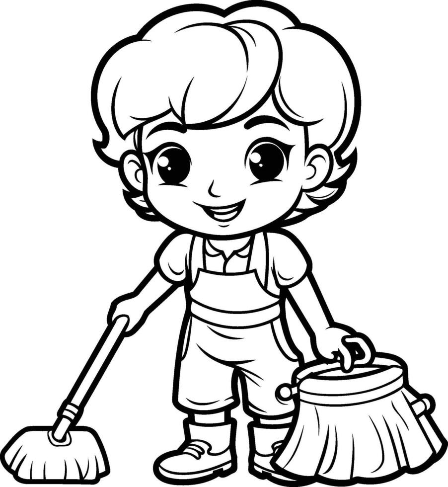 Coloring pages for kids with a boy holding a broom and mop vector